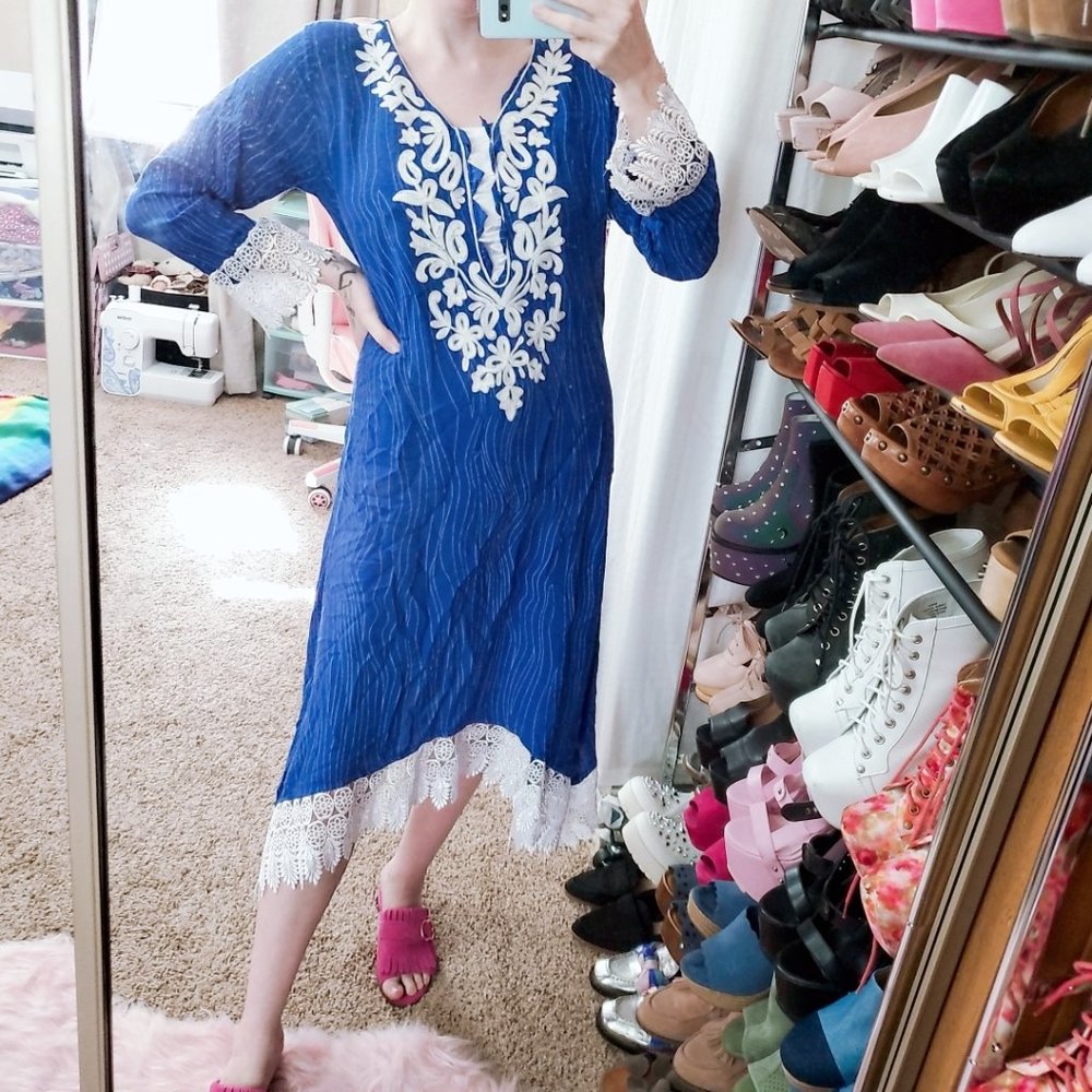 Vintage Handmade Blue Embroidered Tunic Dress